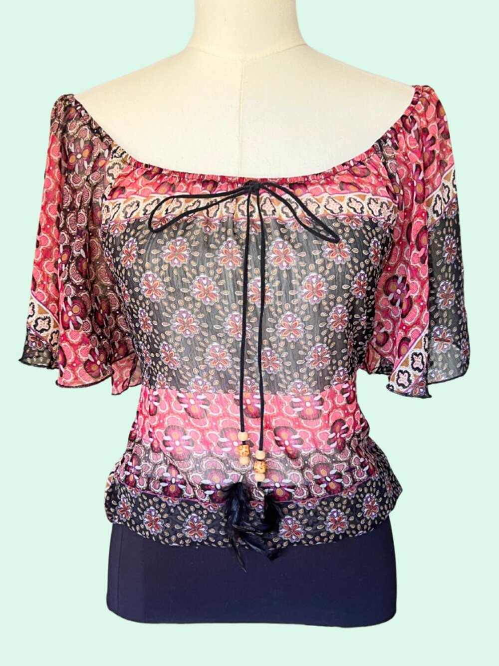 Y2K Rue21 Mixed Print Boho Peasant Top